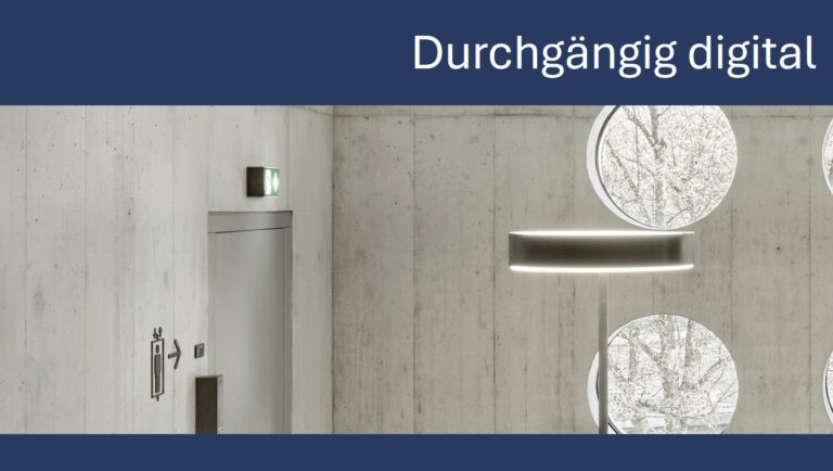 Moderner Betoninnenraum mit runden Fenstern und Leuchte